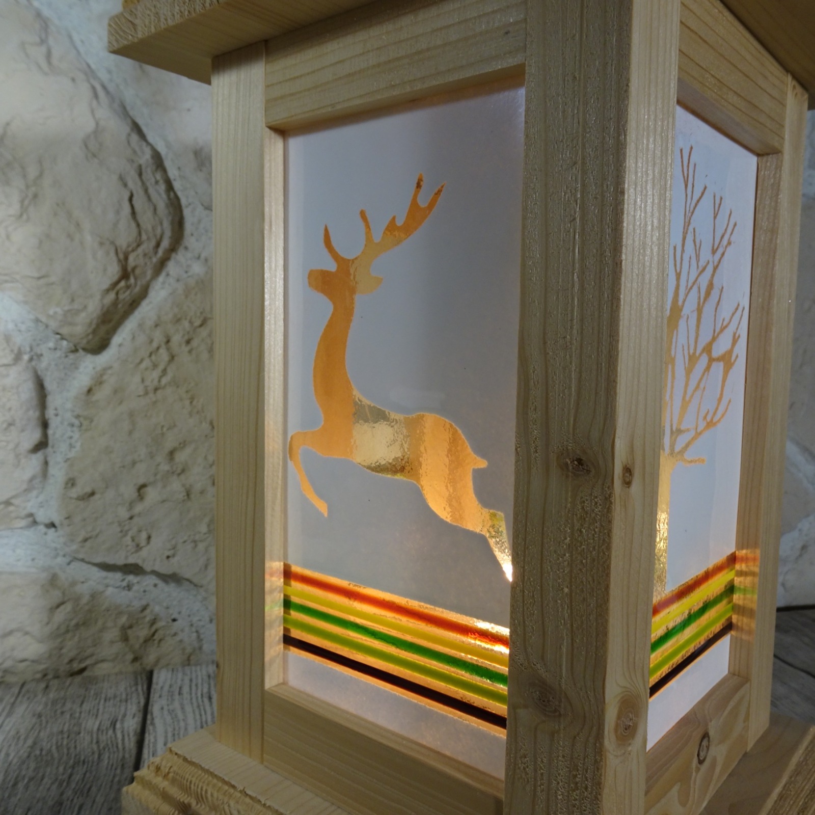 Einzigartige Holzlaterne mit Fusing Glas weiss 3
