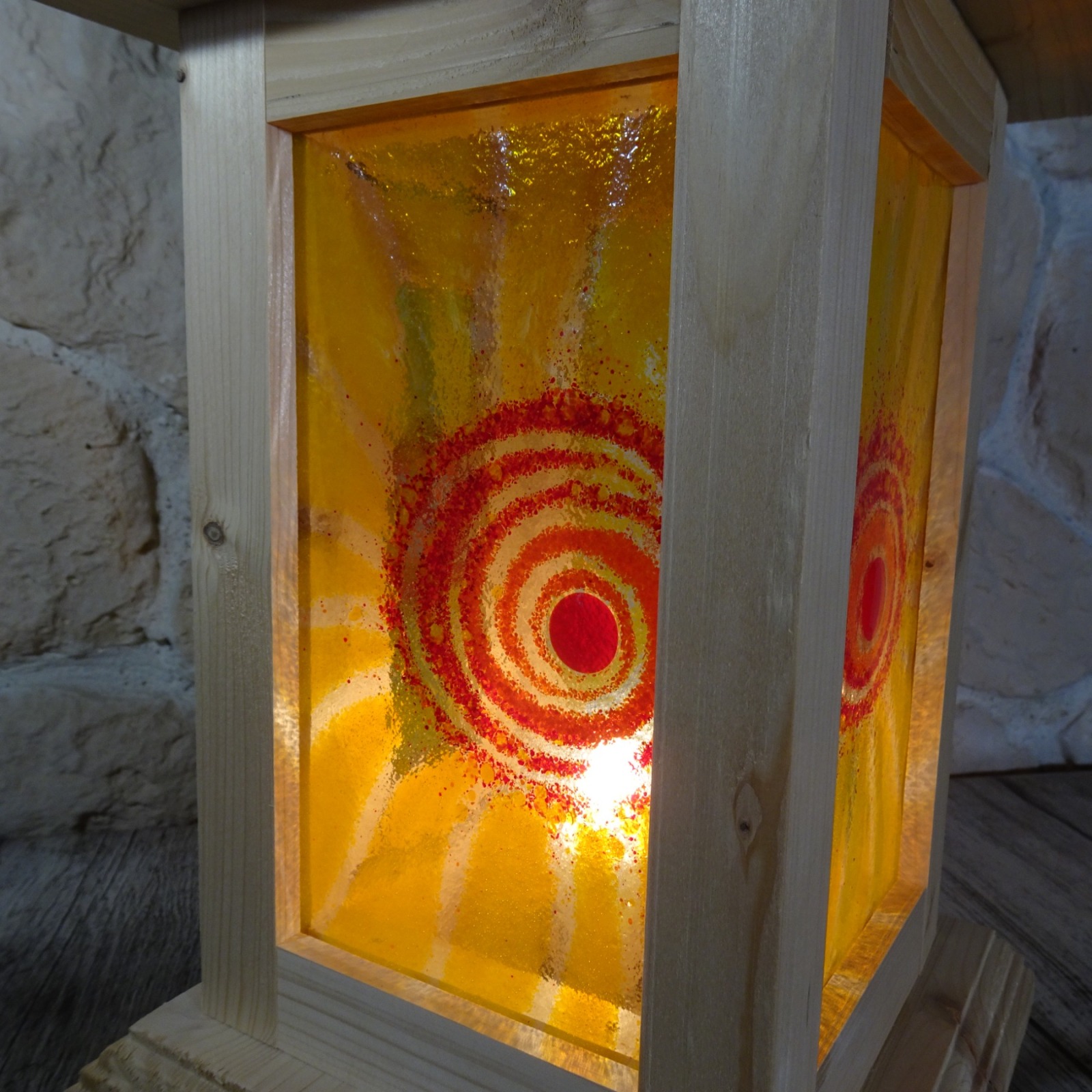 Einzigartige Holzlaterne mit Fusing Glas gelb 5