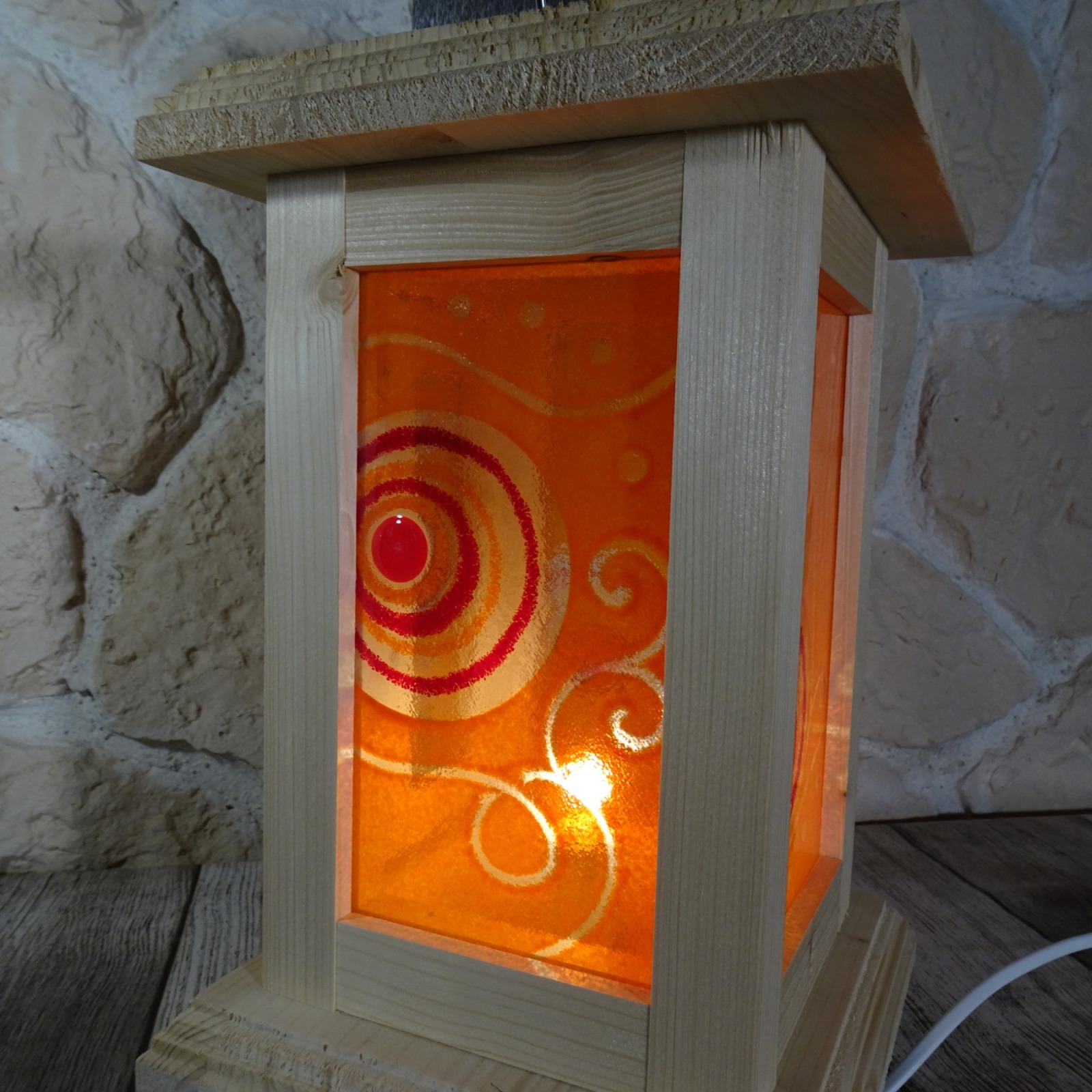 Einzigartige Holzlaterne mit Fusing Glas orange 3