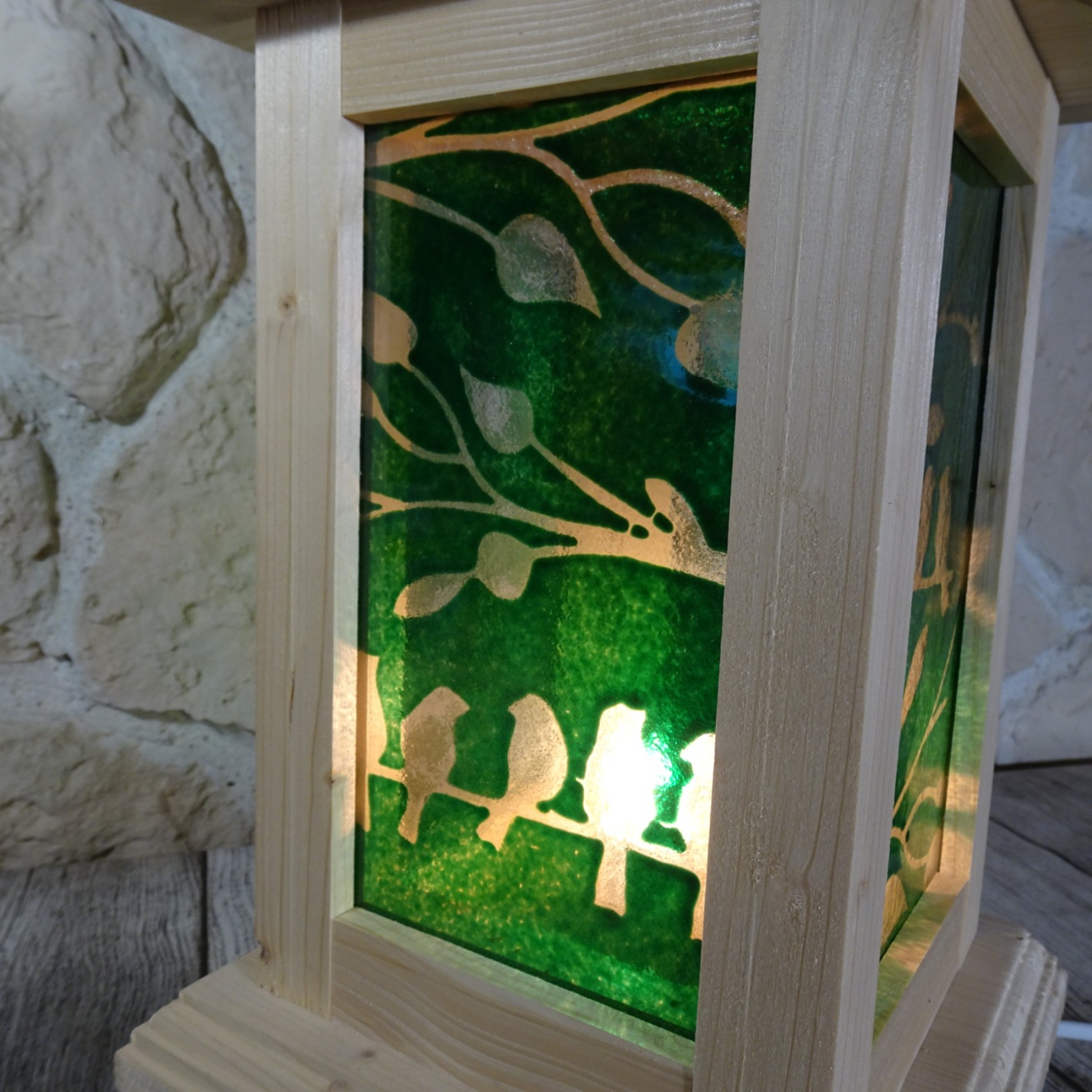 Einzigartige Holzlaterne mit Fusing Glas grün 4