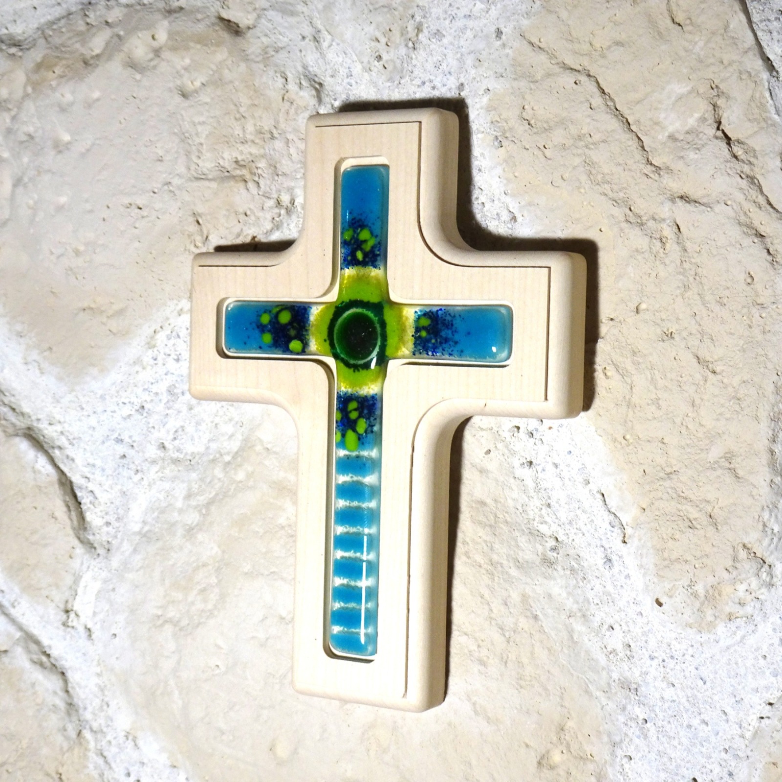 Holzkreuz mit Fusingglas Kreuz aus Ahorn 2
