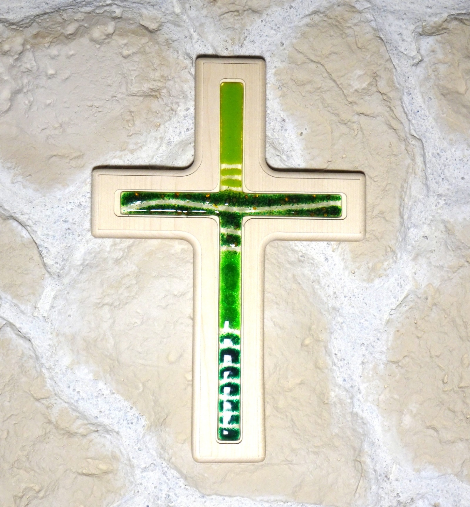 Holzkreuz mit Fusingglas Kreuz aus Ahorn