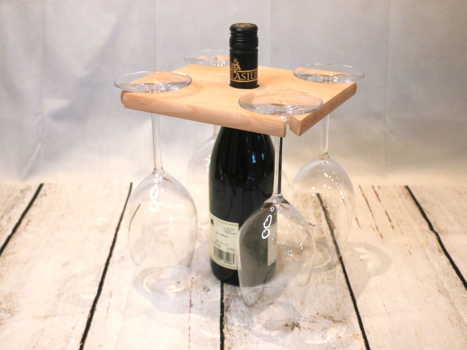 Weinglashalter aus Holz mit Flaschen-Halterung für 4 Gläser und eine Weinflasche