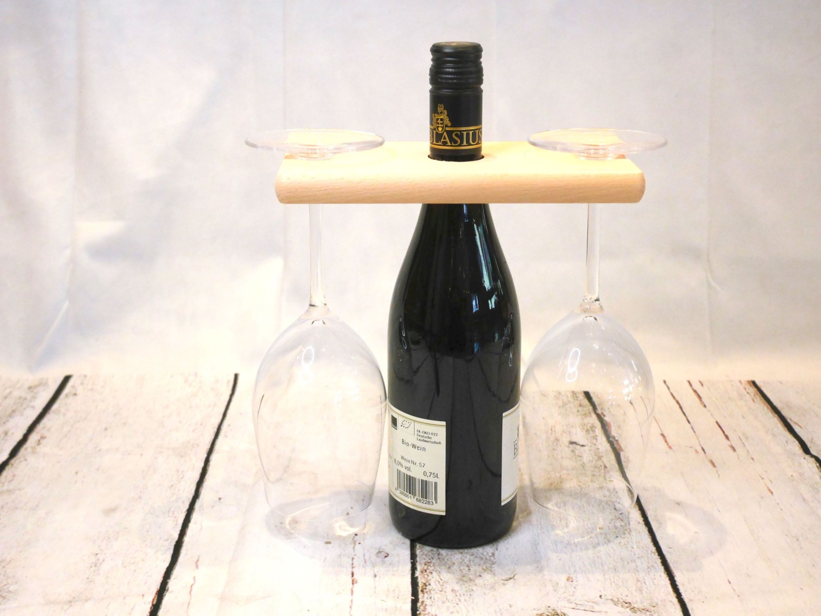 Weinglashalter aus Holz mit Flaschen-Halterung für 2 Gläser und eine Weinflasche 2