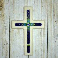 Holzkreuz mit Fusingglas in blau und grün Kreuz aus Ahorn