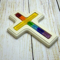 Holzkreuz mit Fusingglas Regenbogen aus Ahorn 3