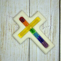 Holzkreuz mit Fusingglas Regenbogen aus Ahorn 2