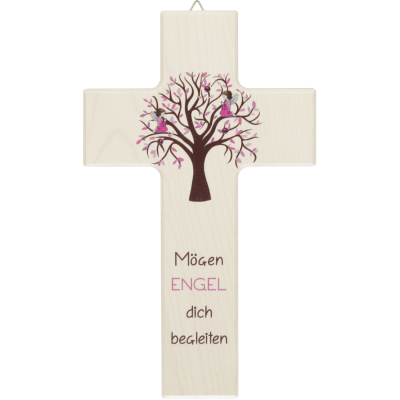 Holzkreuz Lebensbaum rosa mit Spruch Kinderkreuz