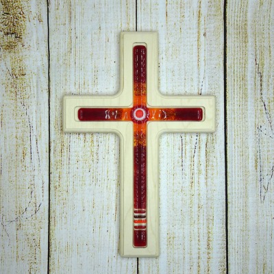 Holzkreuz mit Fusingglas in rot und orange Kreuz aus Ahorn - Unikat aus Holz- und Glaskunst