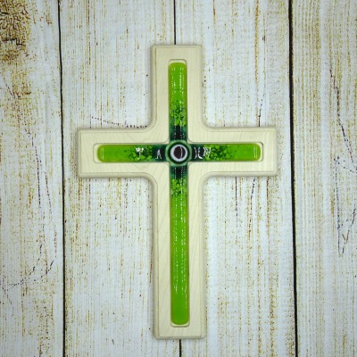 Holzkreuz mit Fusingglas in grün Kreuz aus Ahorn - Unikat aus Holz- und Glaskunst
