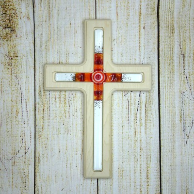 Holzkreuz mit Fusingglas in weiß und rot Kreuz aus Ahorn - Unikat aus Holz- und Glaskunst