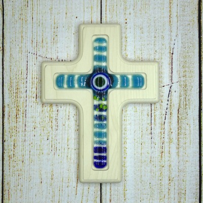 Holzkreuz mit Fusingglas in blau, Kreuz aus Ahorn - Unikat aus Holz- und Glaskunst