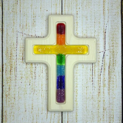 Holzkreuz mit Fusingglas Regenbogen aus Ahorn - Unikat aus Holz- und Glaskunst