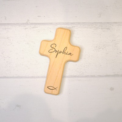 Kinderkreuz aus Holz, personalisiert mit Name und Wunschmotiv