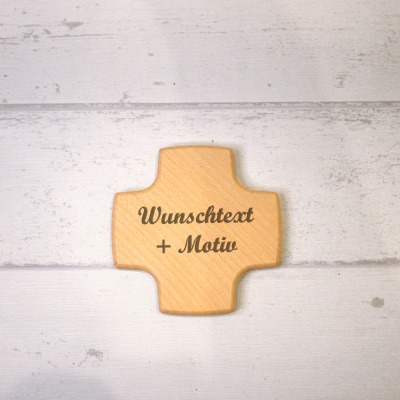 Kleines Holzkreuz, personalisiert mit Wunschtext und Wunschmotiv