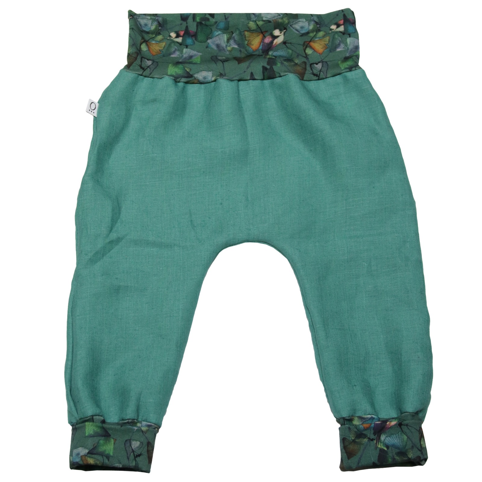 Organic hemp kids trousers with groth adaption sea green + Ginko