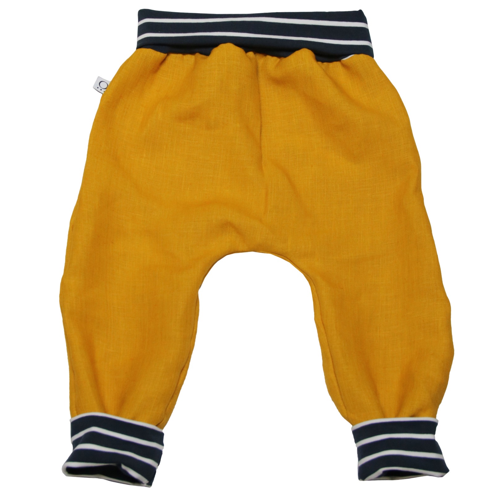 Organic hemp kids trousers with groth adaption saffron + stripes