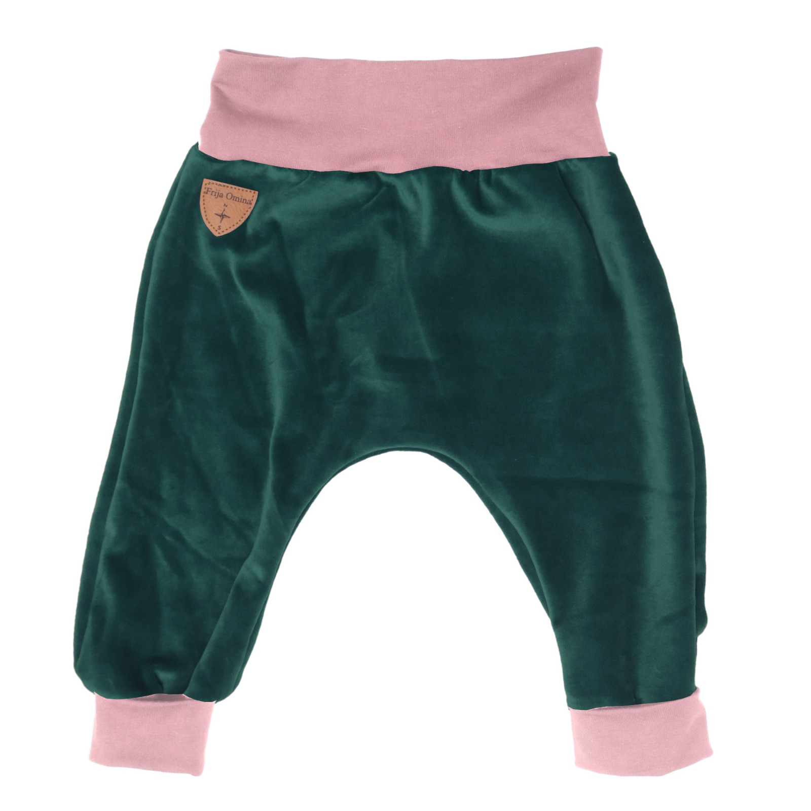 Organic velour pants Hygge mini with growth adaption, smaragd + pink
