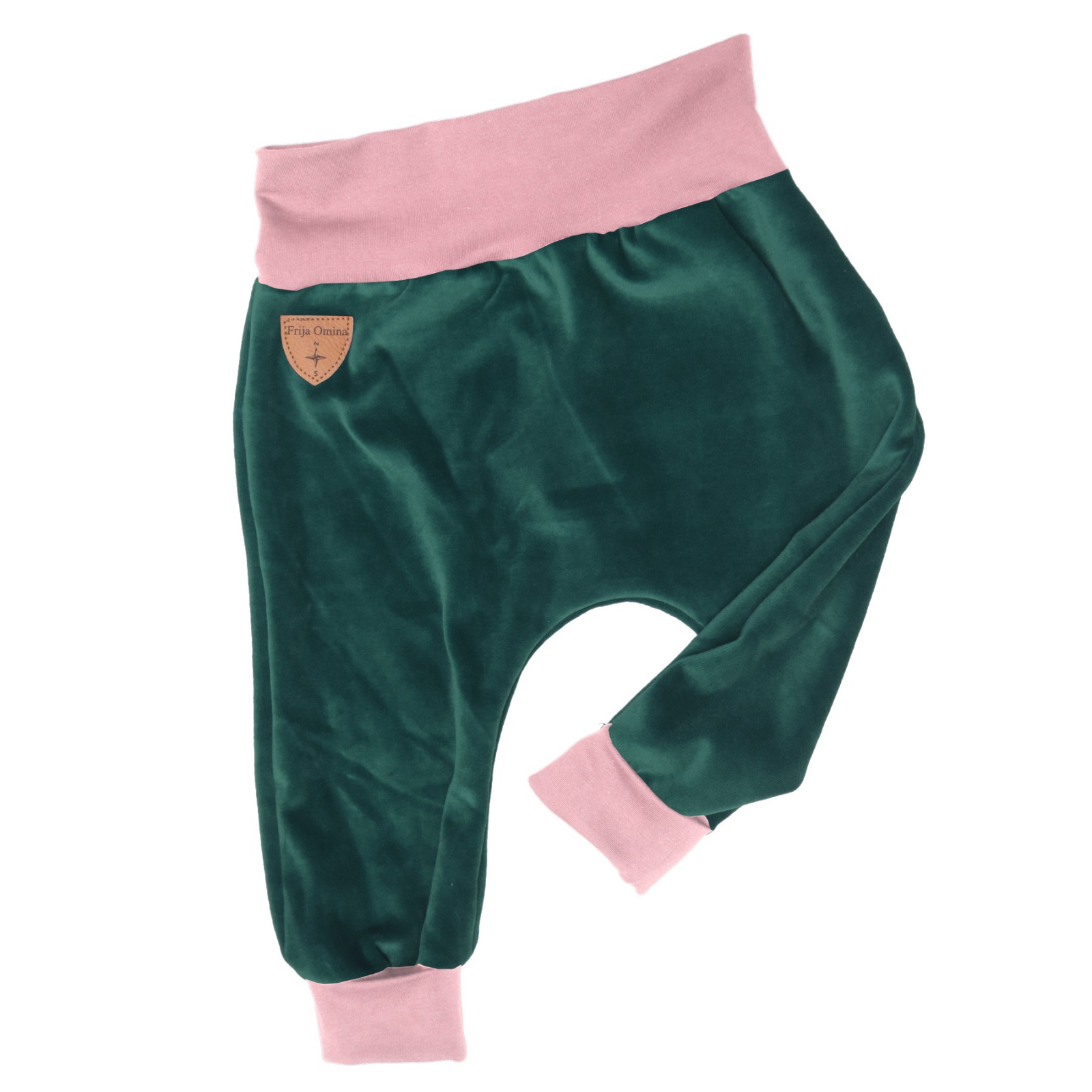 Organic velour pants Hygge mini with growth adaption, smaragd + pink 2
