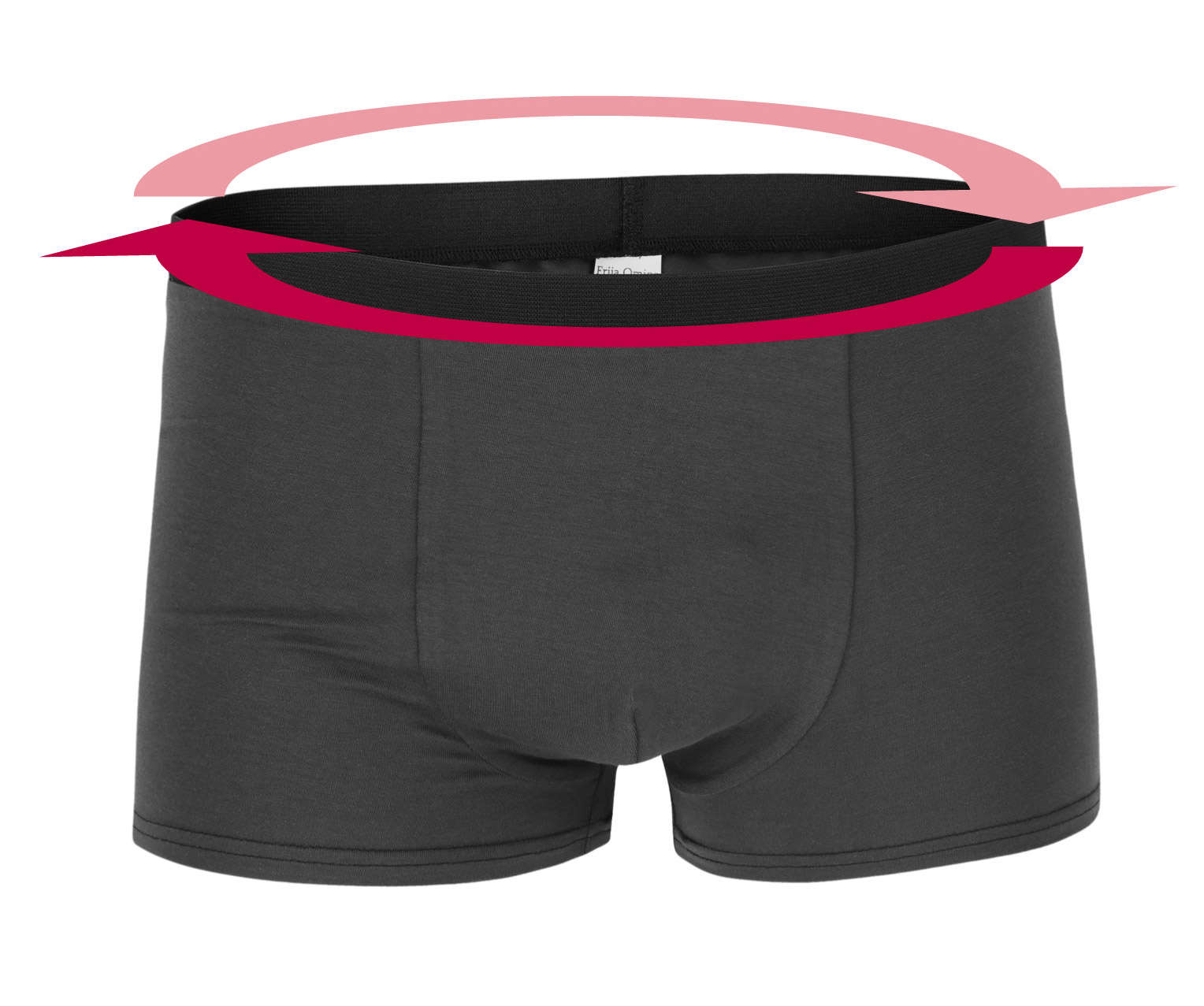 Schematic picture of mens shorts with a red arrow around the waist.