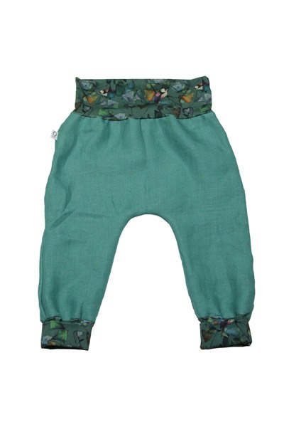 Organic hemp kids trousers with groth adaption sea green Ginko -