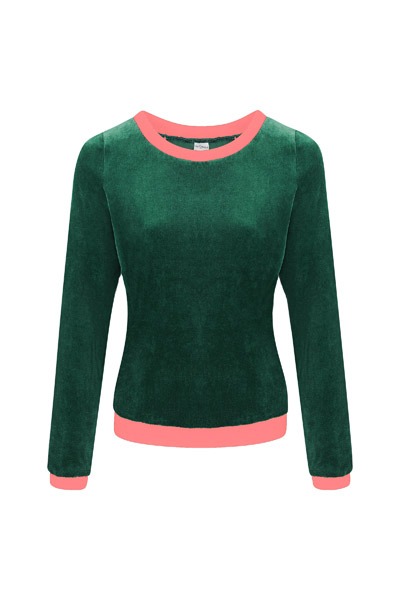 Organic jumper Onne, velour velvet dark green / pink