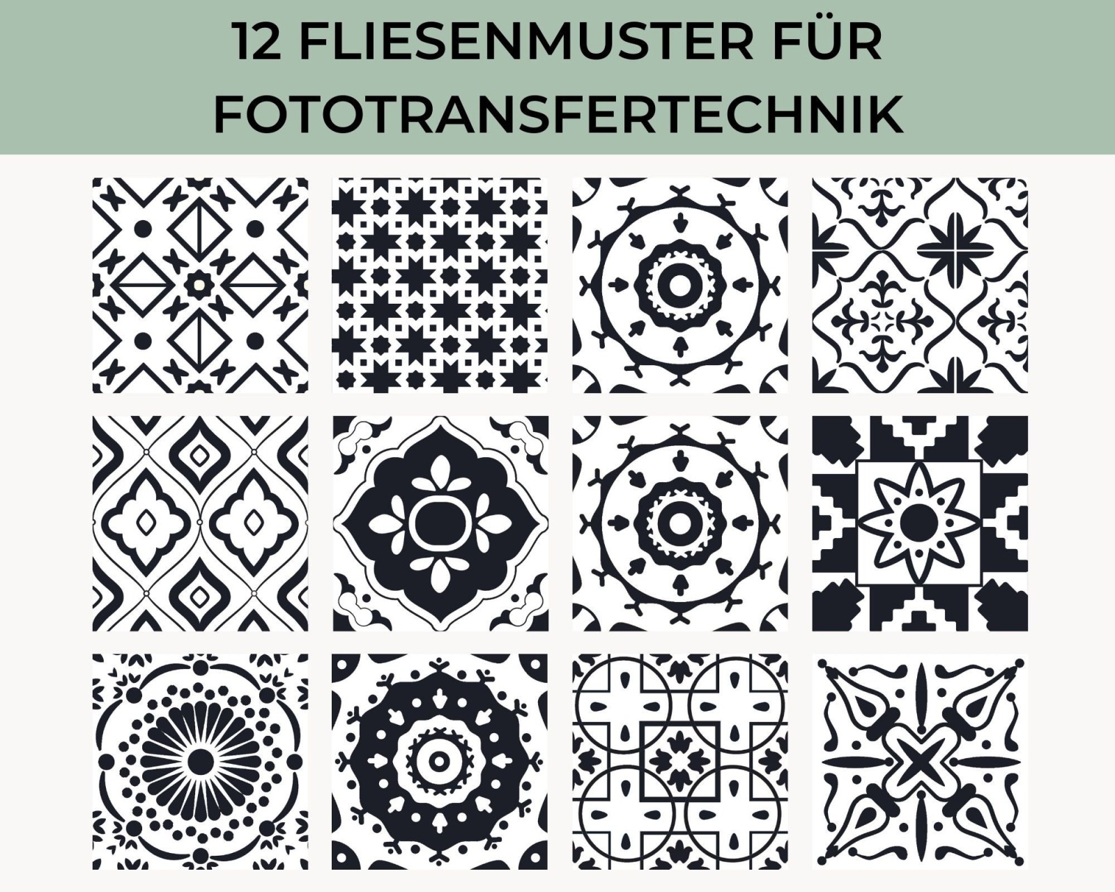 Laserausdruck Fliesenmuster Schwarz-Weiß No. 02 - 12 Muster