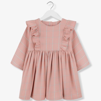Plaid Frill Dress CORAL - Kids on the Moon