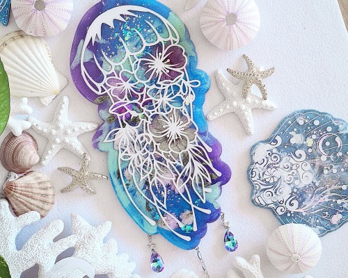 Versandfertig - Wandbehang silber Jellyfish Wedding türkis blau lila violett hellblau weiß
