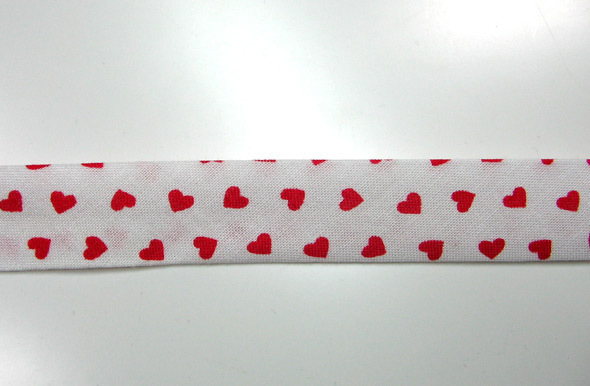 Schrägband 1 Meter - weiß mit roten Herzen 3