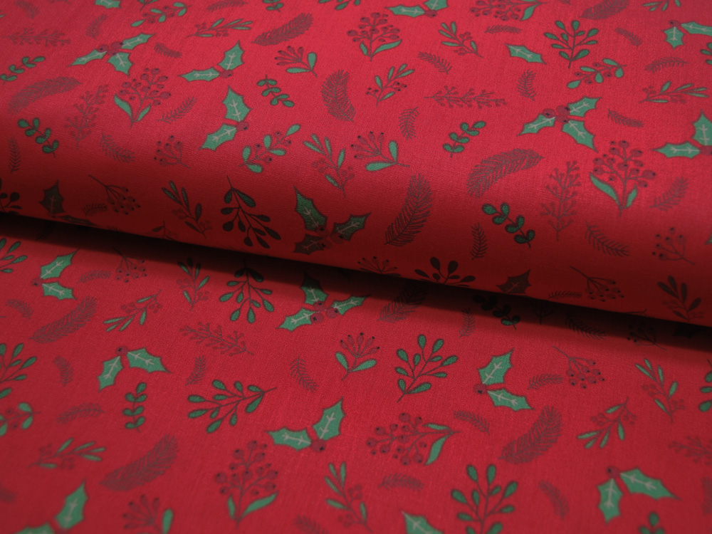 Baumwolle Popeline - Christmas - Mistelzweige und Federn - Motive auf Rot - 0.5m 3