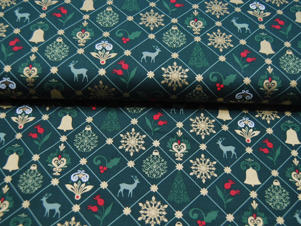 Baumwolle Popeline - Weihnachtliche Motive auf Dunkelgrün mit Gold - 0.5m 2