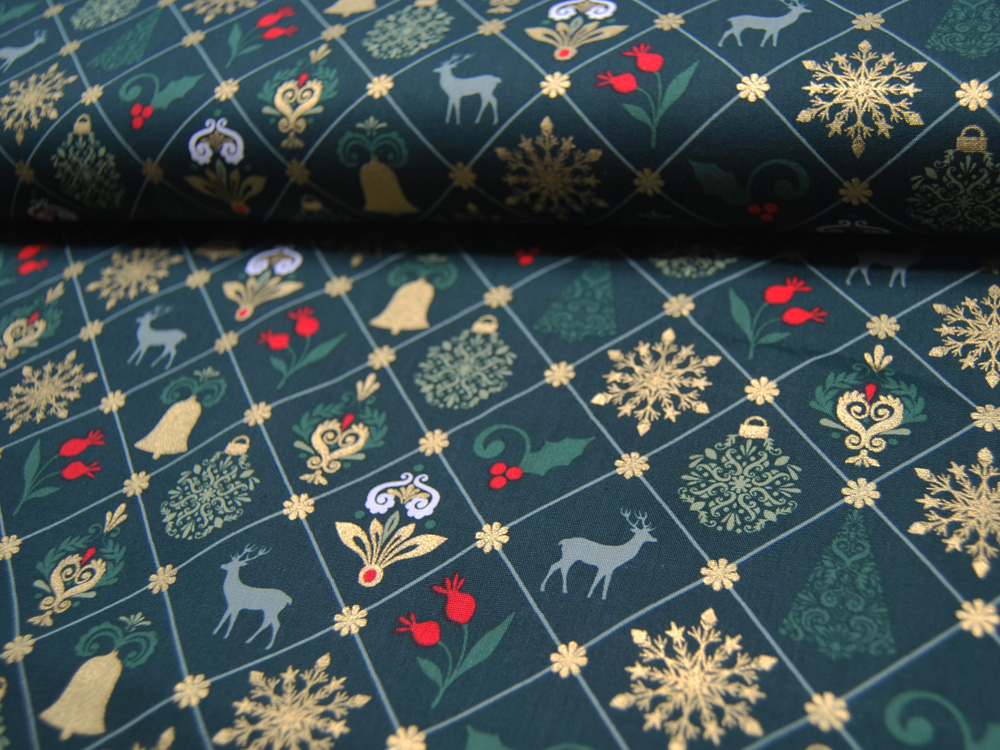 Baumwolle Popeline - Weihnachtliche Motive auf Dunkelgrün mit Gold - 0.5m 5