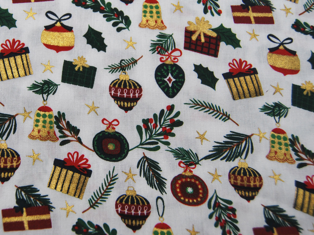 Baumwolle Popeline - Geschenke und Baumschmuck - Weihnachtliche Motive auf Weiß - 0.5m 3