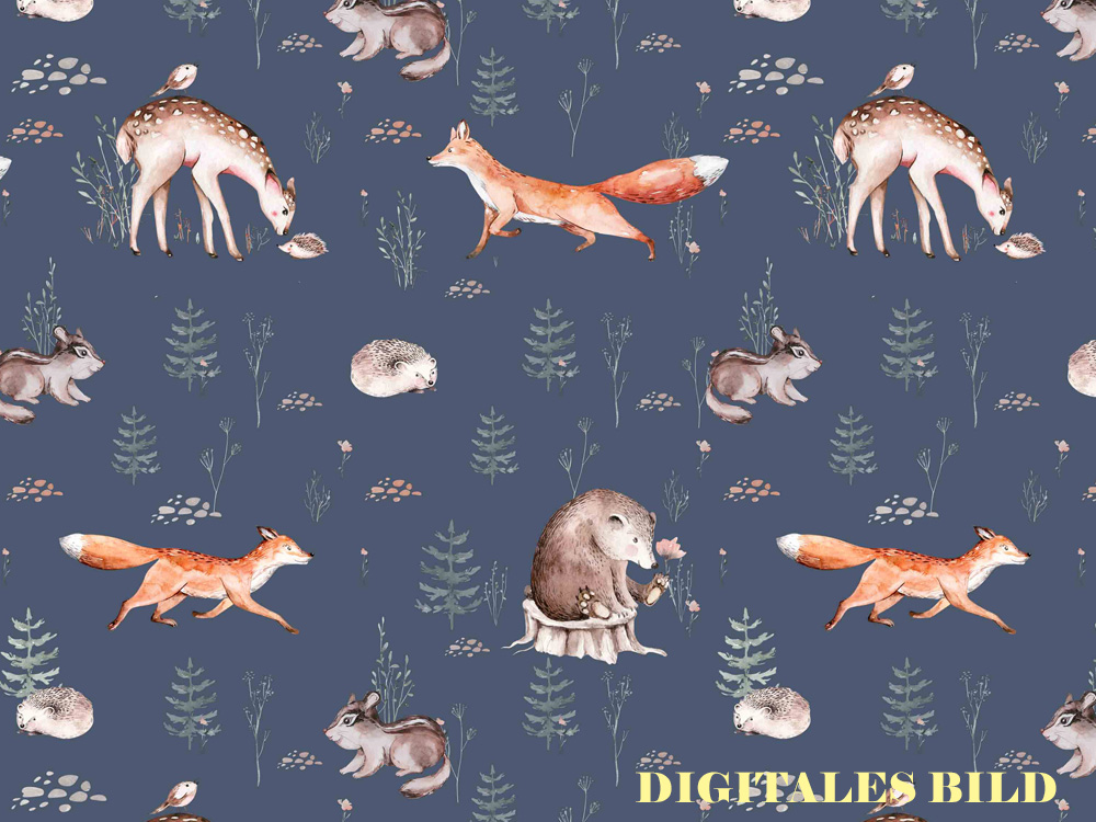 French Terry GOTS - Digital - Wild Life - Waldtiere auf Jeansblau - 05m 3