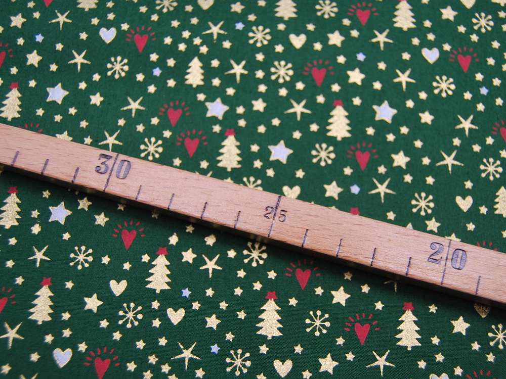 Baumwolle Popeline - Weihnachtliche Motive in Gold und Rot auf Dunkelgrün - 0.5m 3