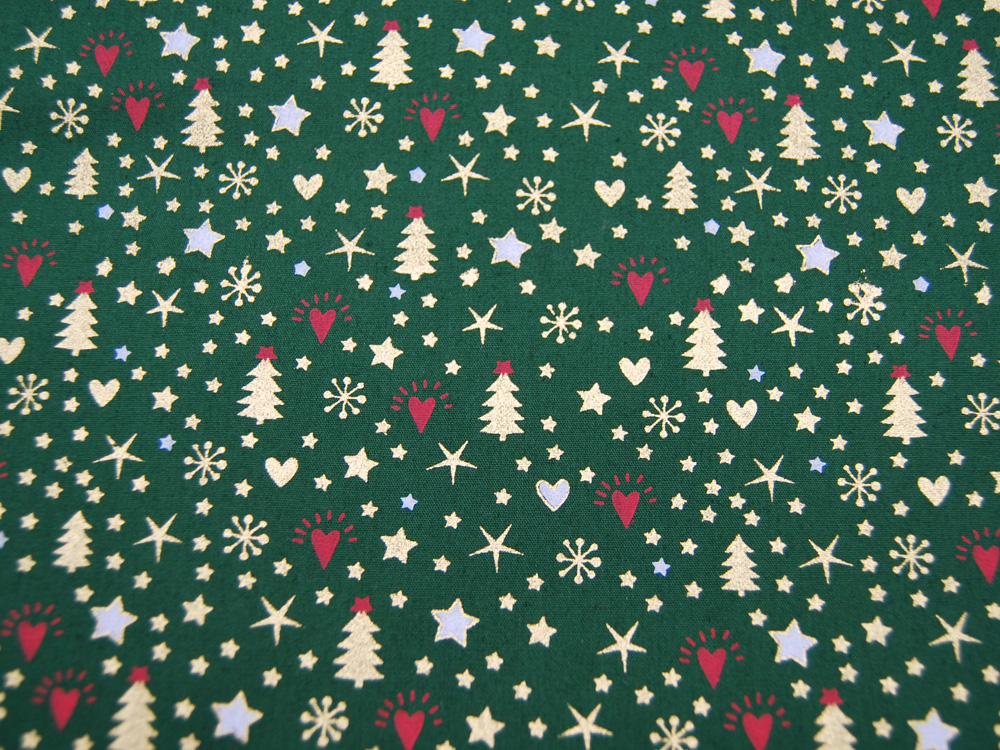 Baumwolle Popeline - Weihnachtliche Motive in Gold und Rot auf Dunkelgrün - 0.5m 4