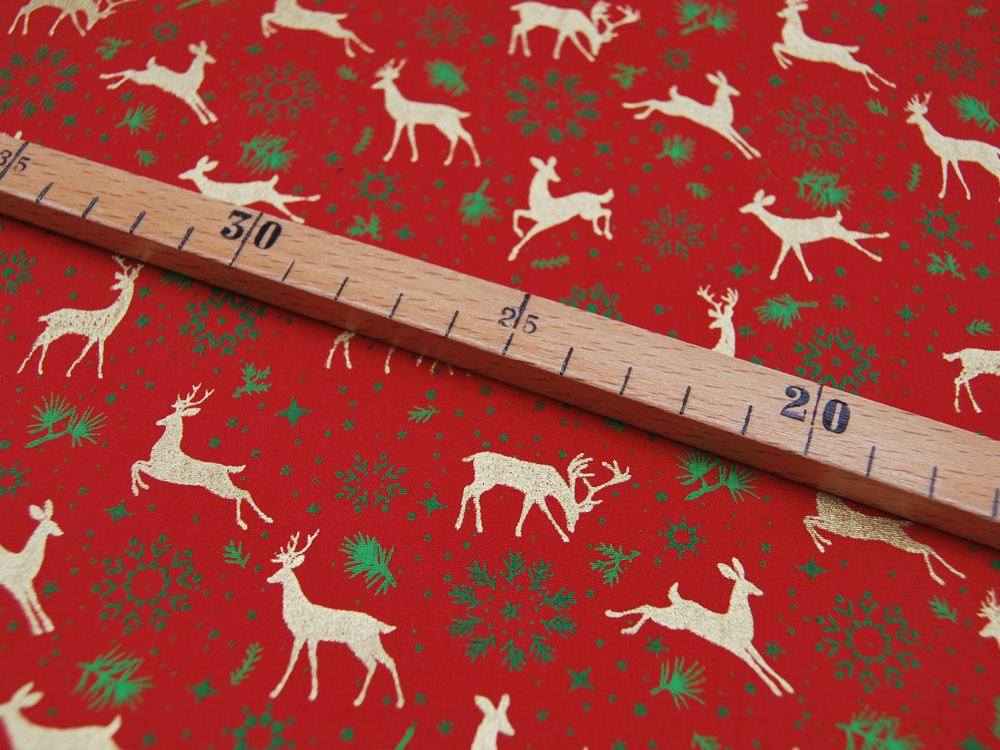 Baumwolle Popeline - Weihnachten - Rehe in Gold auf Rot - 0.5m 2