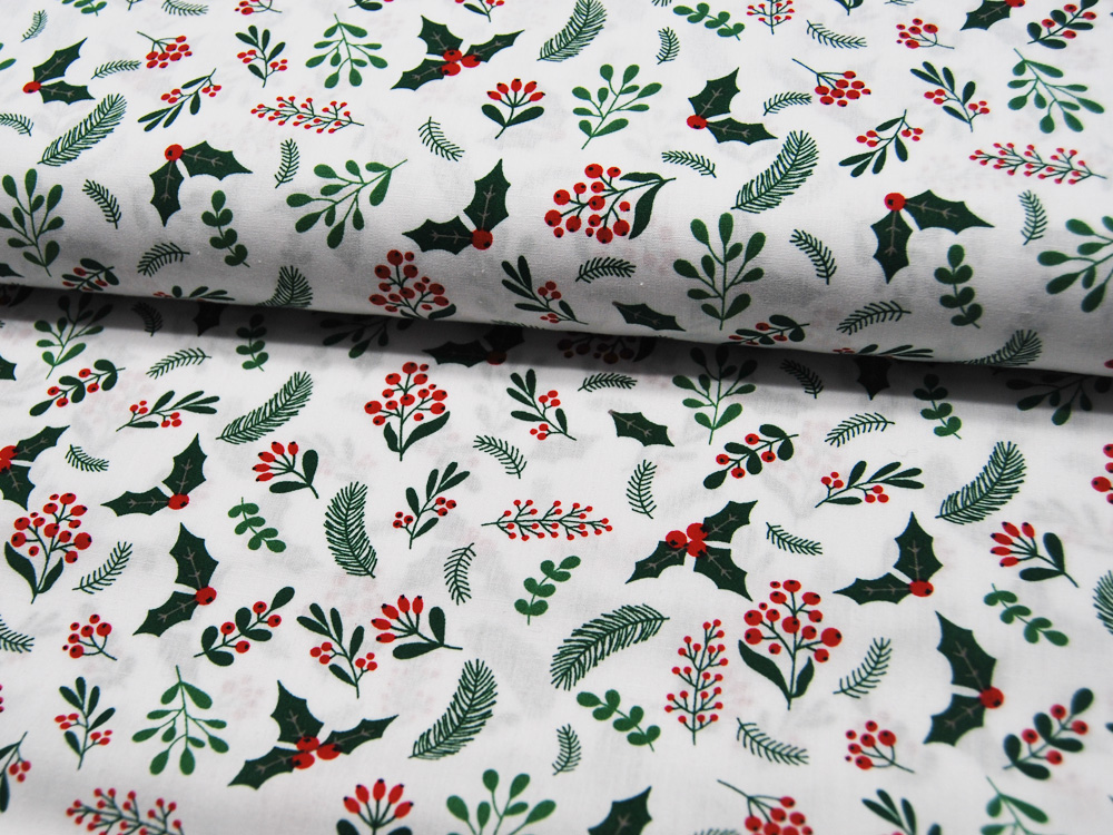 Baumwolle Popeline - Mistelzweige - Weihnachtliche Motive auf Weiß - 0.5m 4