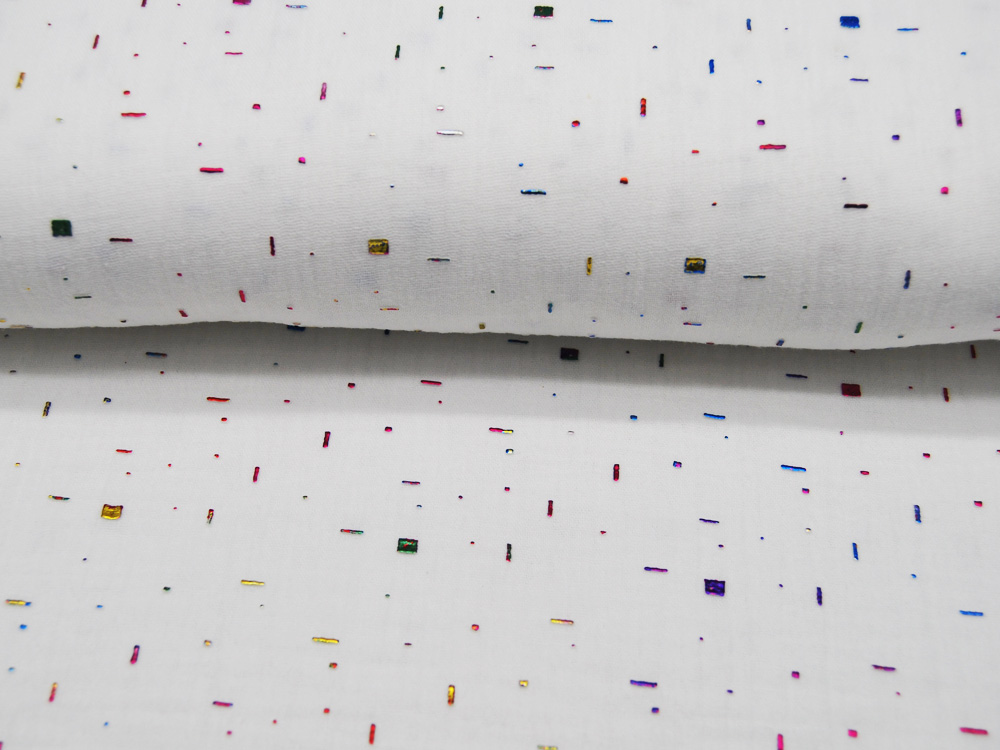 REST Musselin - Multicolour Foil - Bunter Glitzer auf Weiß 085 m