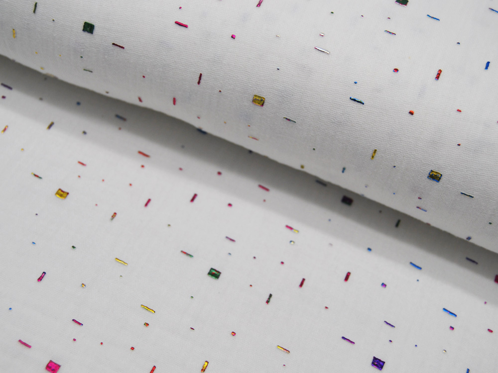 REST Musselin - Multicolour Foil - Bunter Glitzer auf Weiß 085 m 2