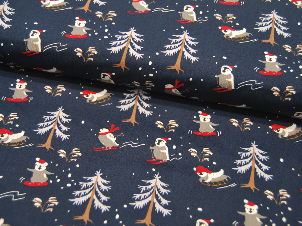 Baumwolle Poplin - Weihnachten - Skiing - Pinguine mit Skiern - 0.5m