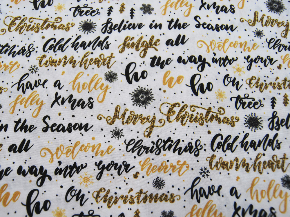 Baumwolle - Kim - weihnachtliche Schriftzüge auf Weiß - 0,5m