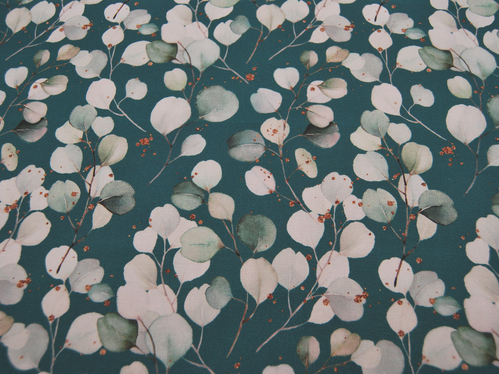Dekostoff - Canvas Digital - Eukalyptus Laub auf Petrol 05m