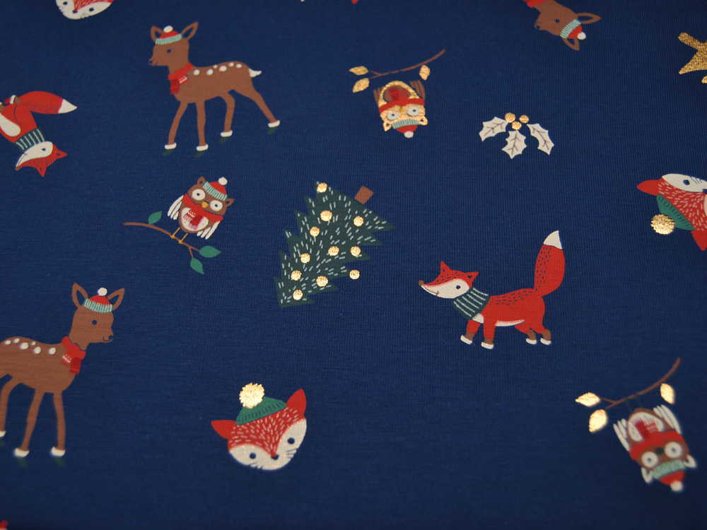 Jersey - Christmas Animals - Weihnachtliche Tiere mit Gold Glanz - FOIL - 05 Meter 3