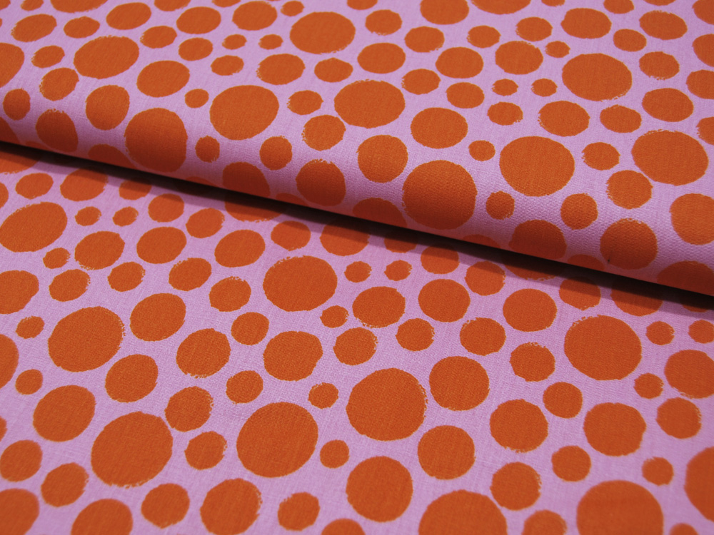 Baumwolle - Poplin - DOTS - Orangefarbene Dots auf Rosa 0,50m