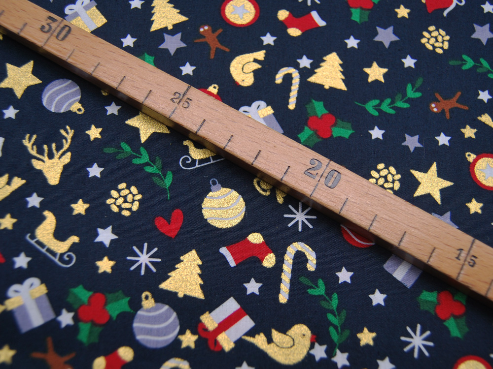 Baumwolle Popeline - Weihnachtliche Motive mit Gold auf Dunkelblau - 0.5m 3
