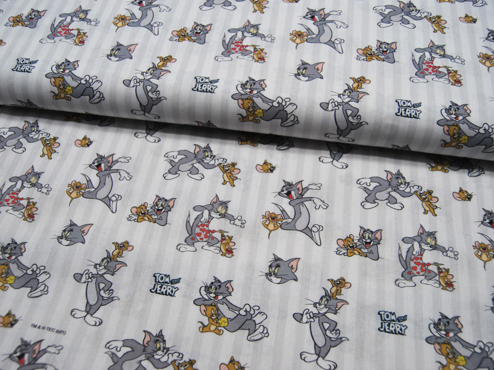 Baumwolle - Lizenz - Tom und Jerry auf Weiß-Hellgrau gestreift 0,5m 2