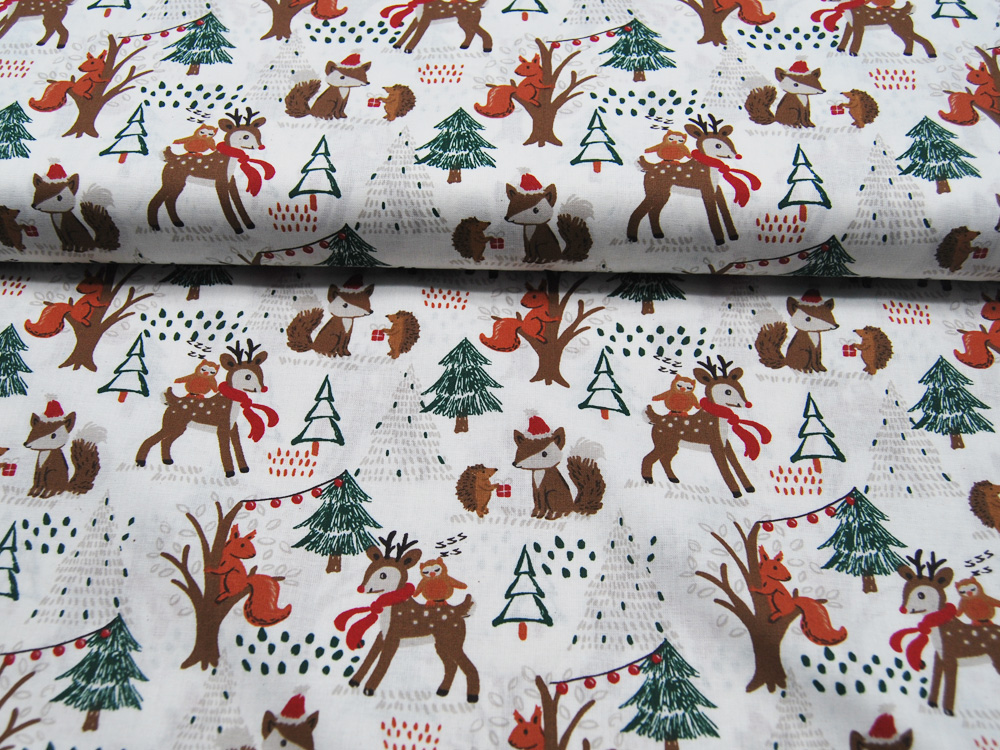 Baumwolle Popeline - Christmas - Forrest Animals - Winterliche Waldtiere auf Cremeweiß - 0.5m 2