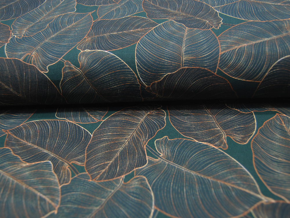 Dekostoff - Canvas Digital - Leaves - Blätter auf Dunkelgrün 0,5m